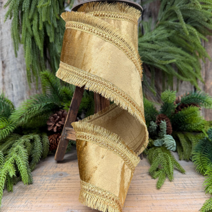 4" Gold Velvet Fringe Ribbon, Christmas Ribbon, Gold RIbbon, Christmas Tree Ribbon