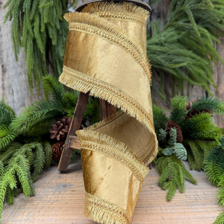 4" Gold Velvet Fringe Ribbon, Christmas Ribbon, Gold RIbbon, Christmas Tree Ribbon