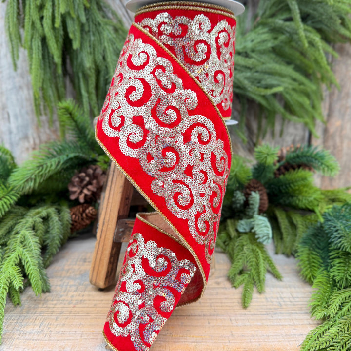 4" Red Gold Sequin Ribbon, Christmas Ribbon
