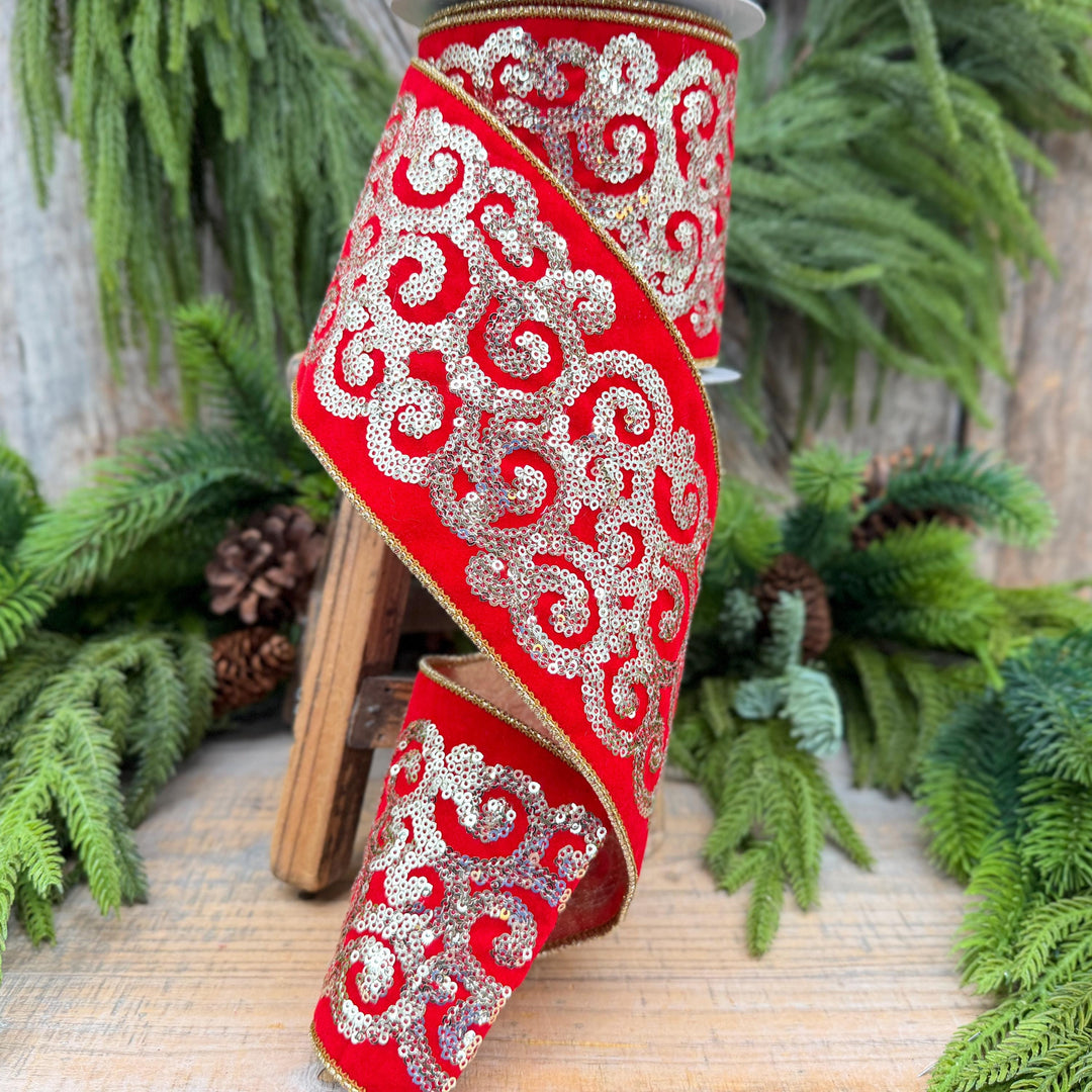 4" Red Gold Sequin Ribbon, Christmas Ribbon