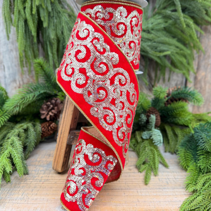 4" Red Gold Sequin Ribbon, Christmas Ribbon