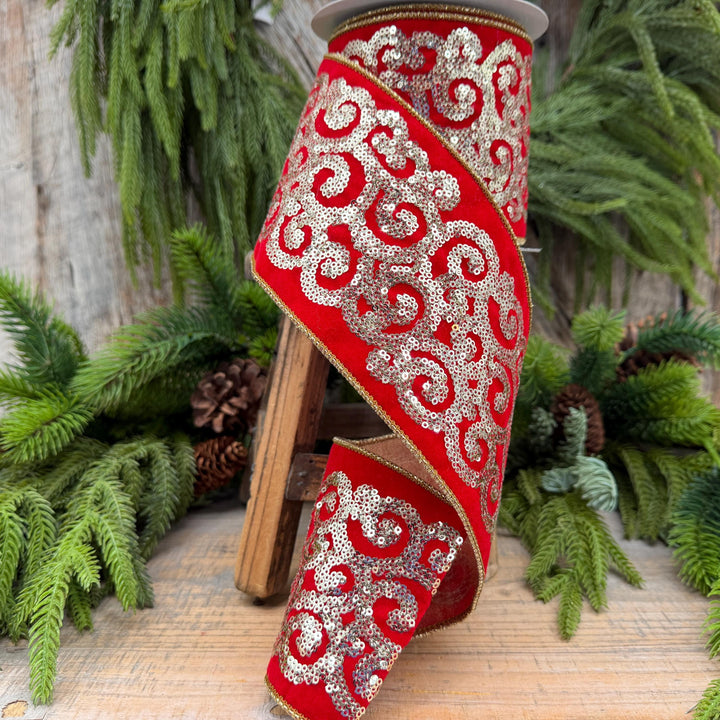 4" Red Gold Sequin Ribbon, Christmas Ribbon