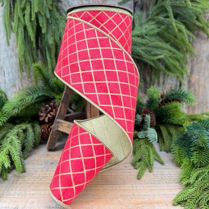 4" Red Gold Harlequin Ribbon, Christmas Tree Ribbon