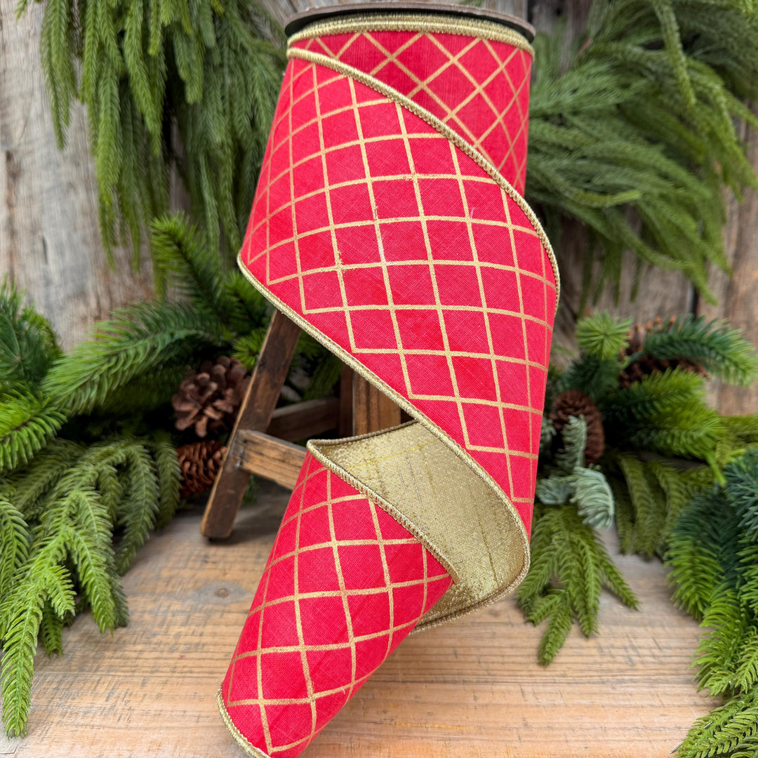 4" Red Gold Harlequin Ribbon, Christmas Tree Ribbon