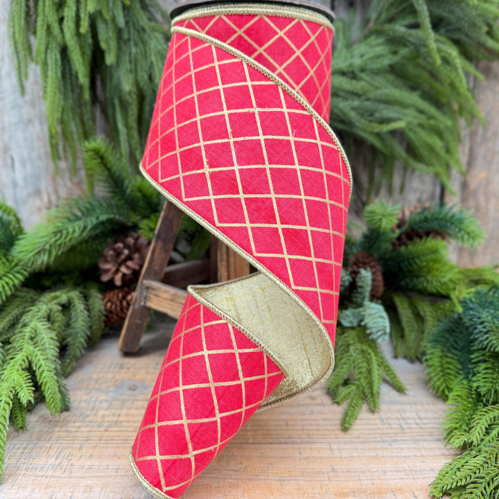 4" Red Gold Harlequin Ribbon, Christmas Tree Ribbon