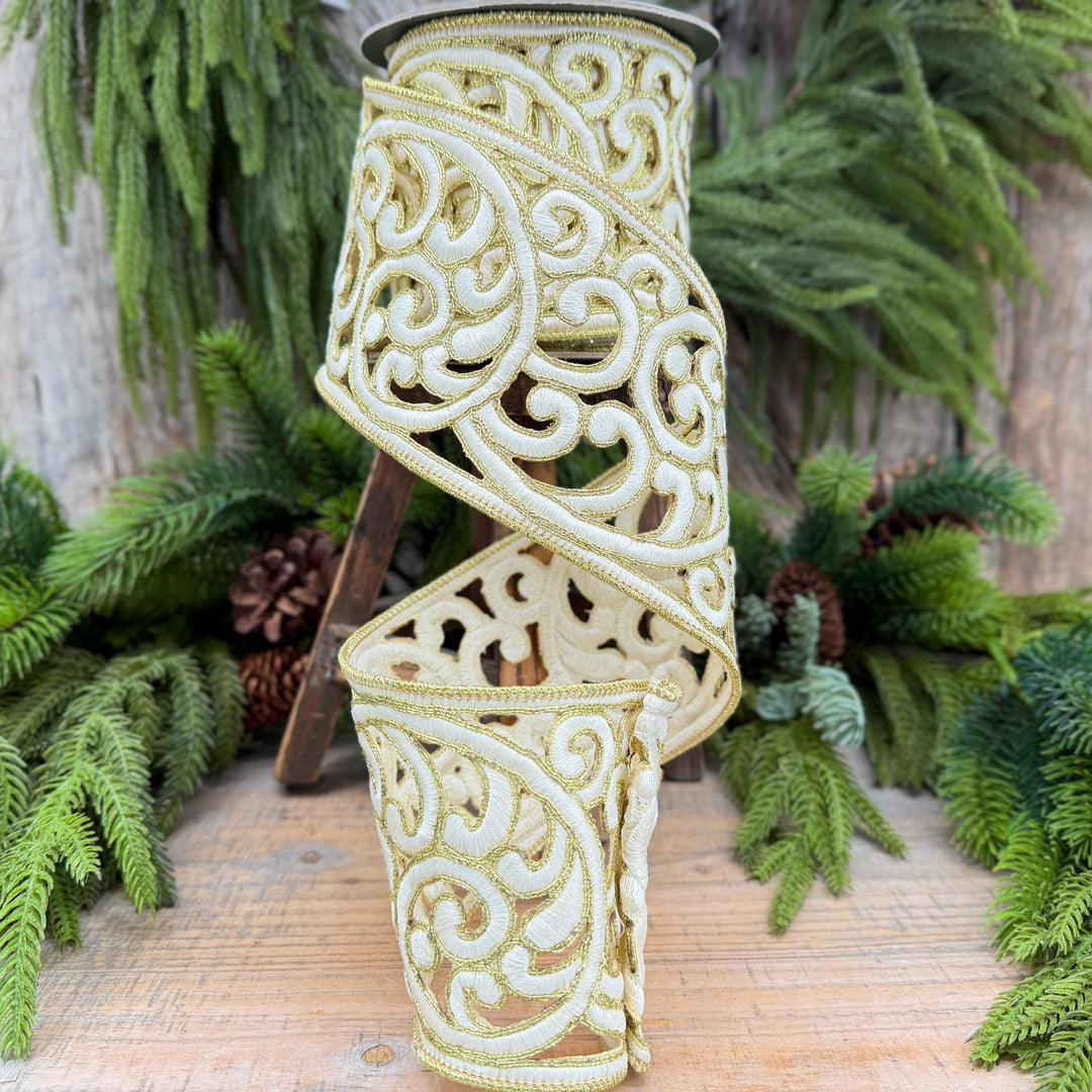 4" Ivory and Gold Embroidered Ribbon
