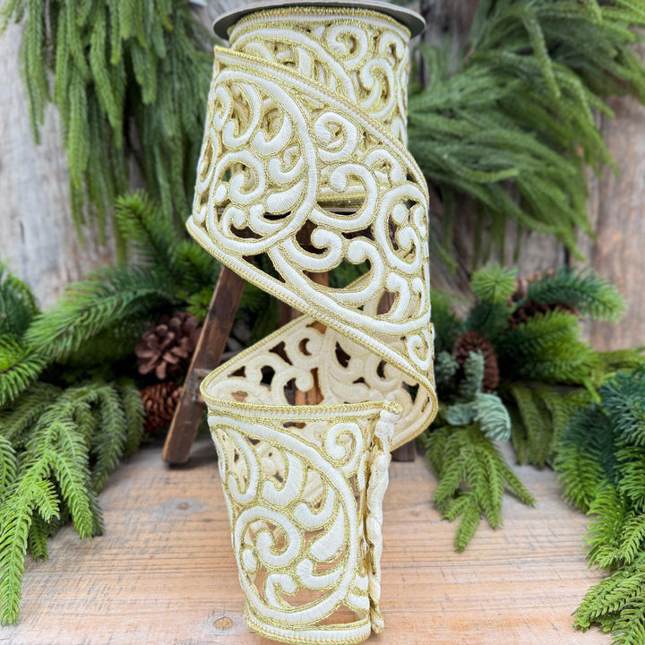 4" Ivory and Gold Embroidered Ribbon