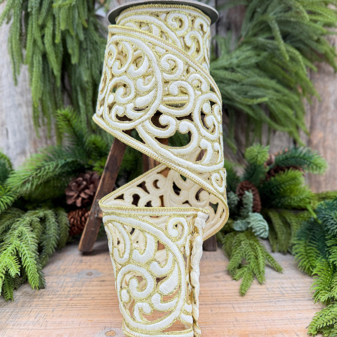 4" Ivory and Gold Embroidered Ribbon