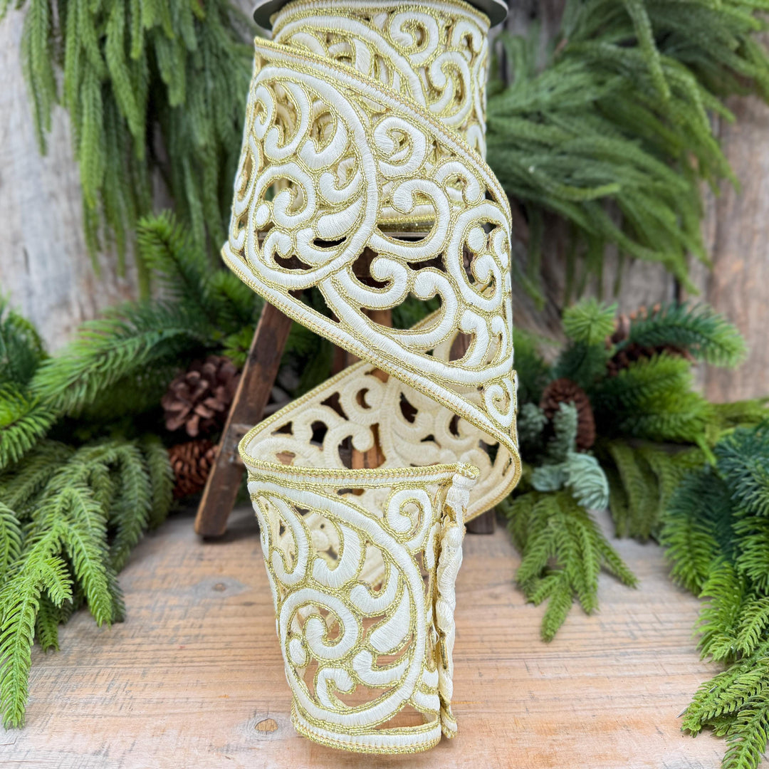 4" Ivory and Gold Embroidered Ribbon
