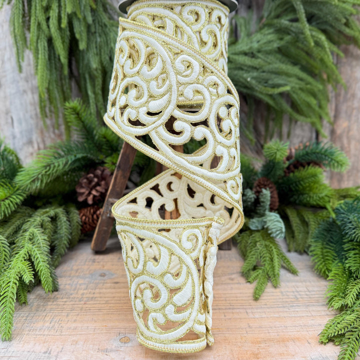 4" Ivory and Gold Embroidered Ribbon