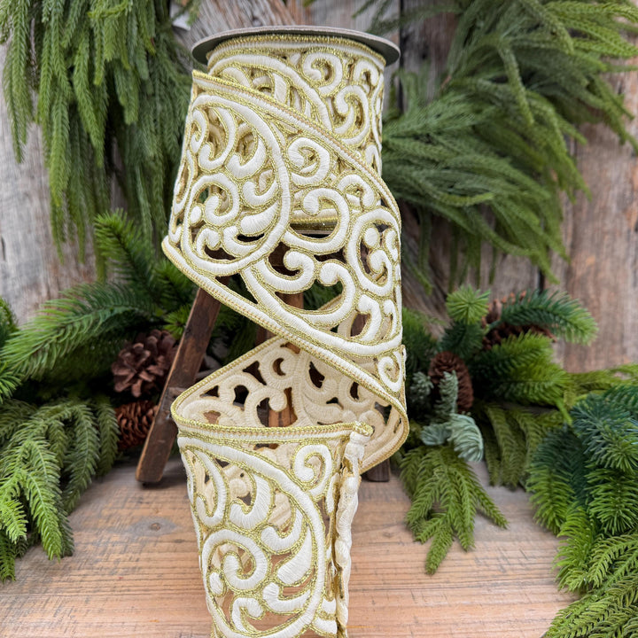 4" Ivory and Gold Embroidered Ribbon