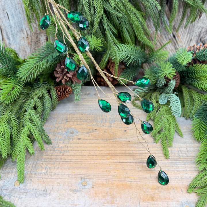 26" Emerald Green Gem Spray – Faceted Jewel Christmas Tree Pick