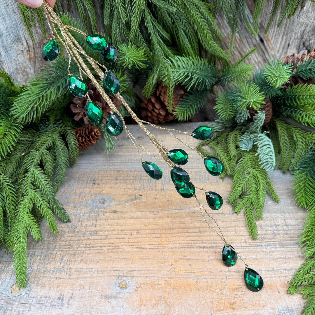 26" Emerald Green Gem Spray – Faceted Jewel Christmas Tree Pick