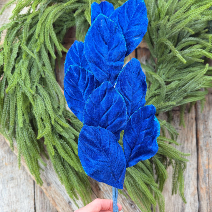30" Sapphire Blue Velvet Magnolia Leaf Spray