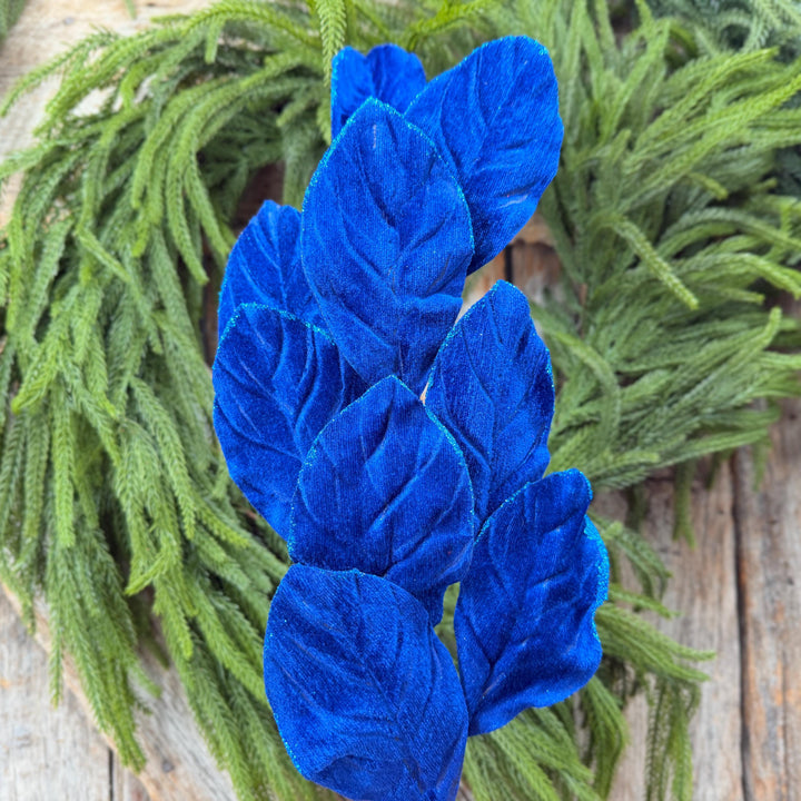 30" Sapphire Blue Velvet Magnolia Leaf Spray