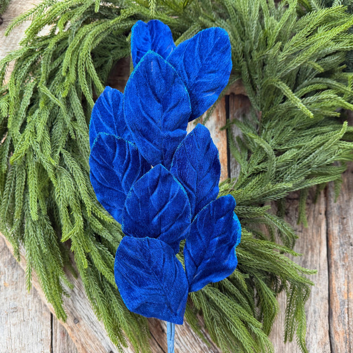 30" Sapphire Blue Velvet Magnolia Leaf Spray