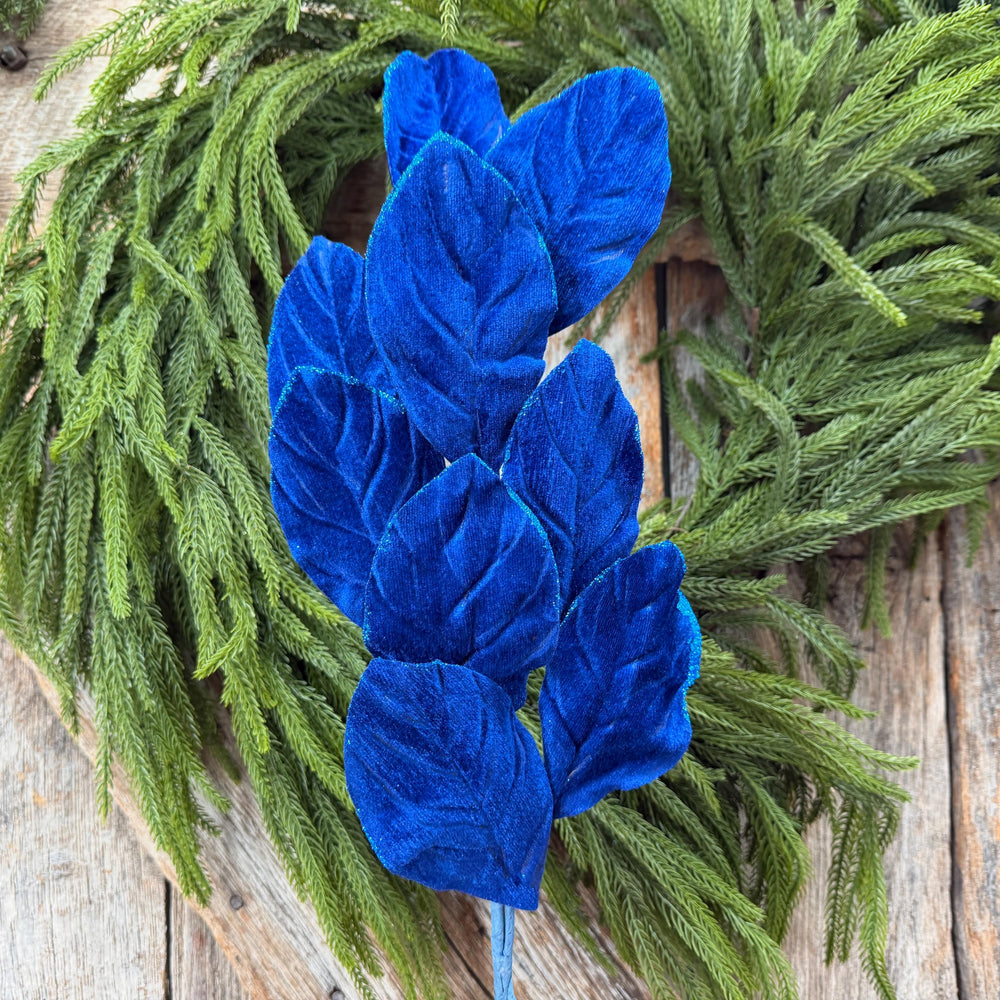 30" Sapphire Blue Velvet Magnolia Leaf Spray