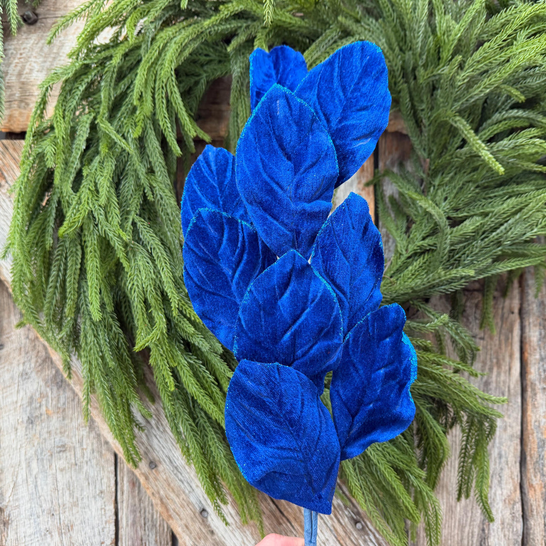 30" Sapphire Blue Velvet Magnolia Leaf Spray