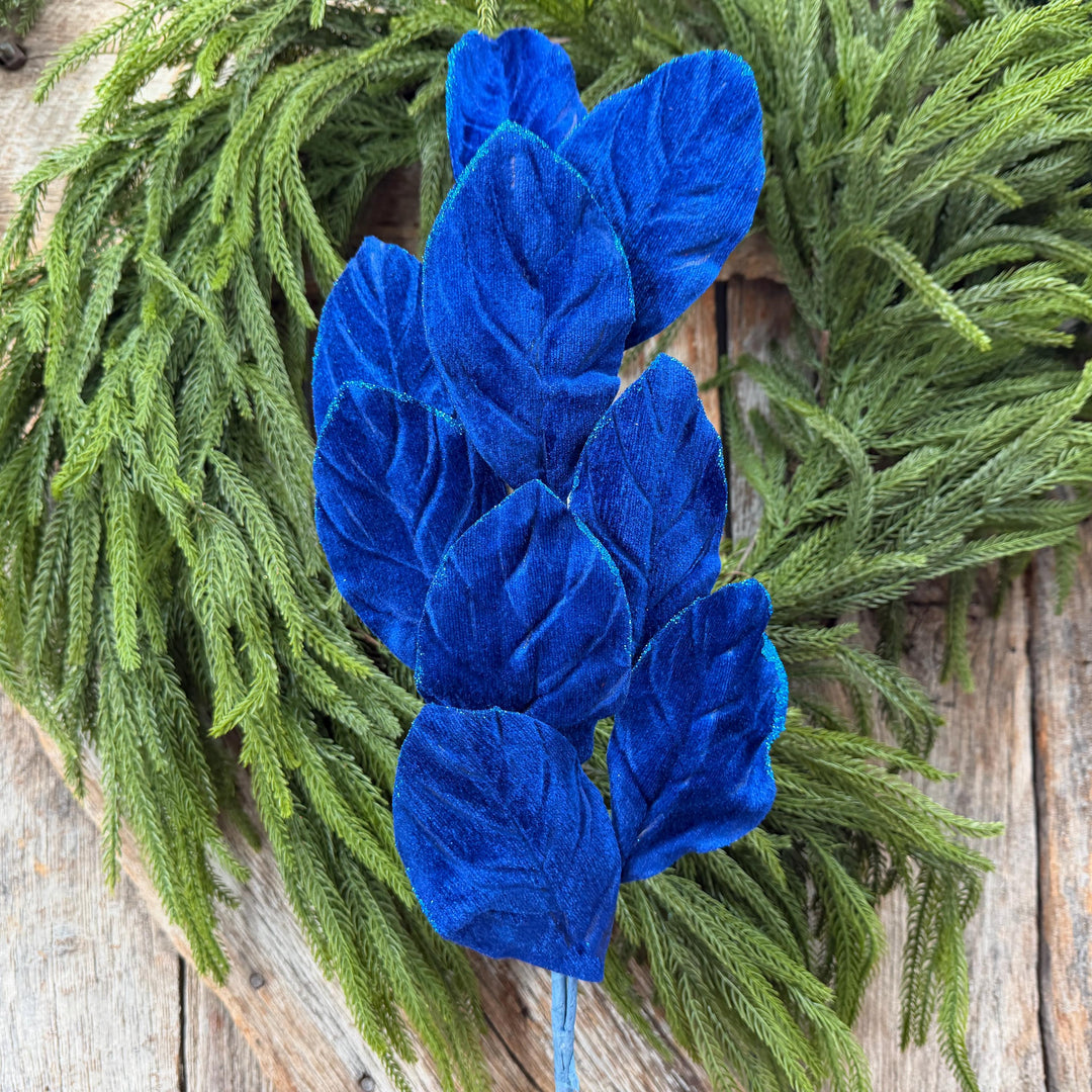 30" Sapphire Blue Velvet Magnolia Leaf Spray