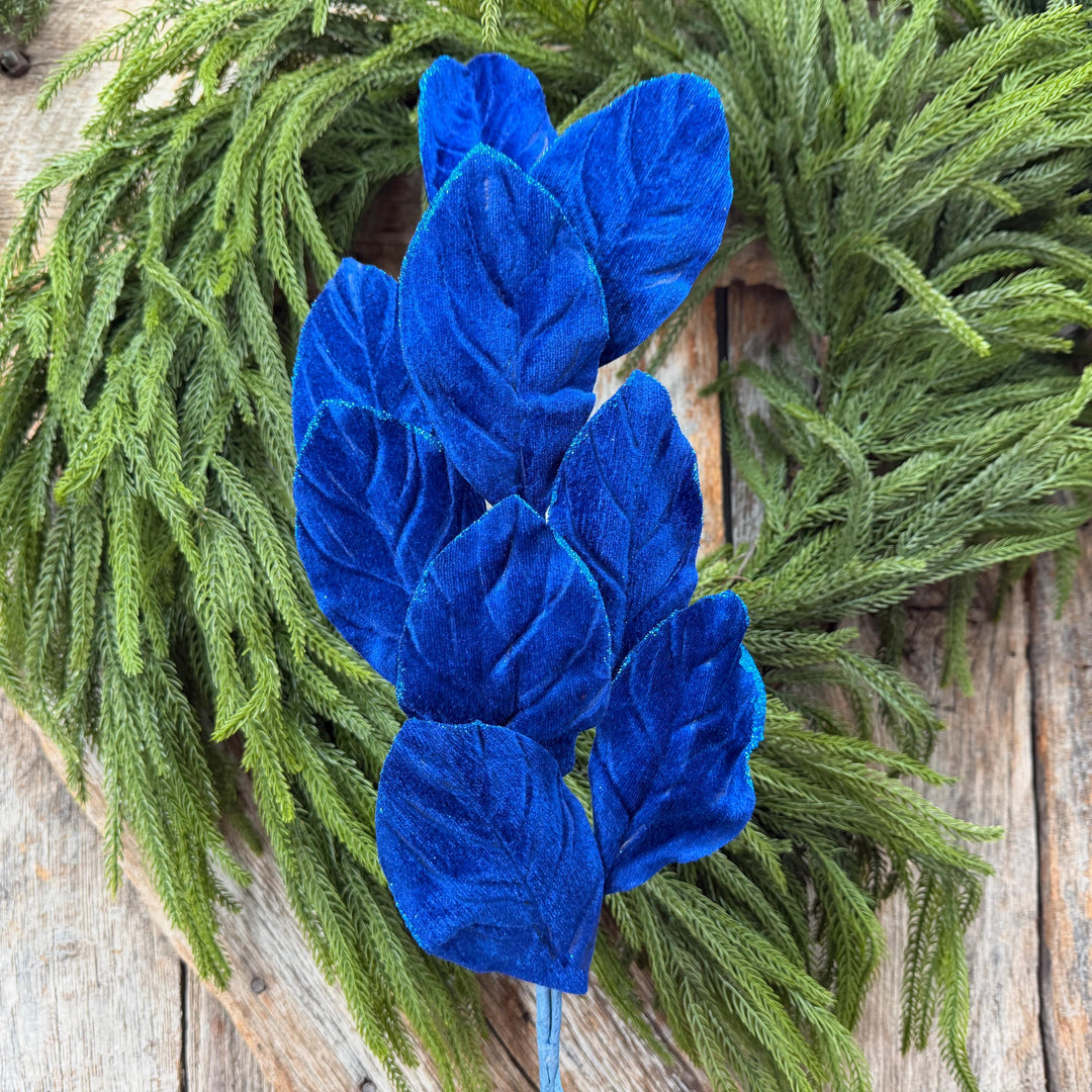 30" Sapphire Blue Velvet Magnolia Leaf Spray