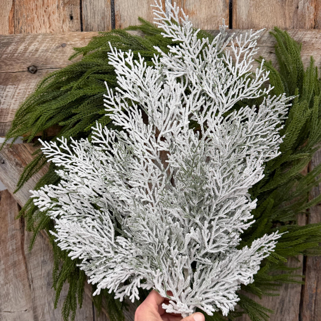 29" Snow Flocked Cypress Spray – White Christmas Greenery