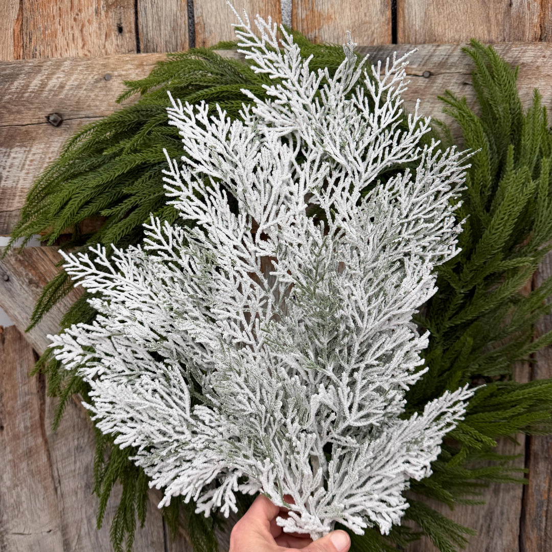 29" Snow Flocked Cypress Spray – White Christmas Greenery