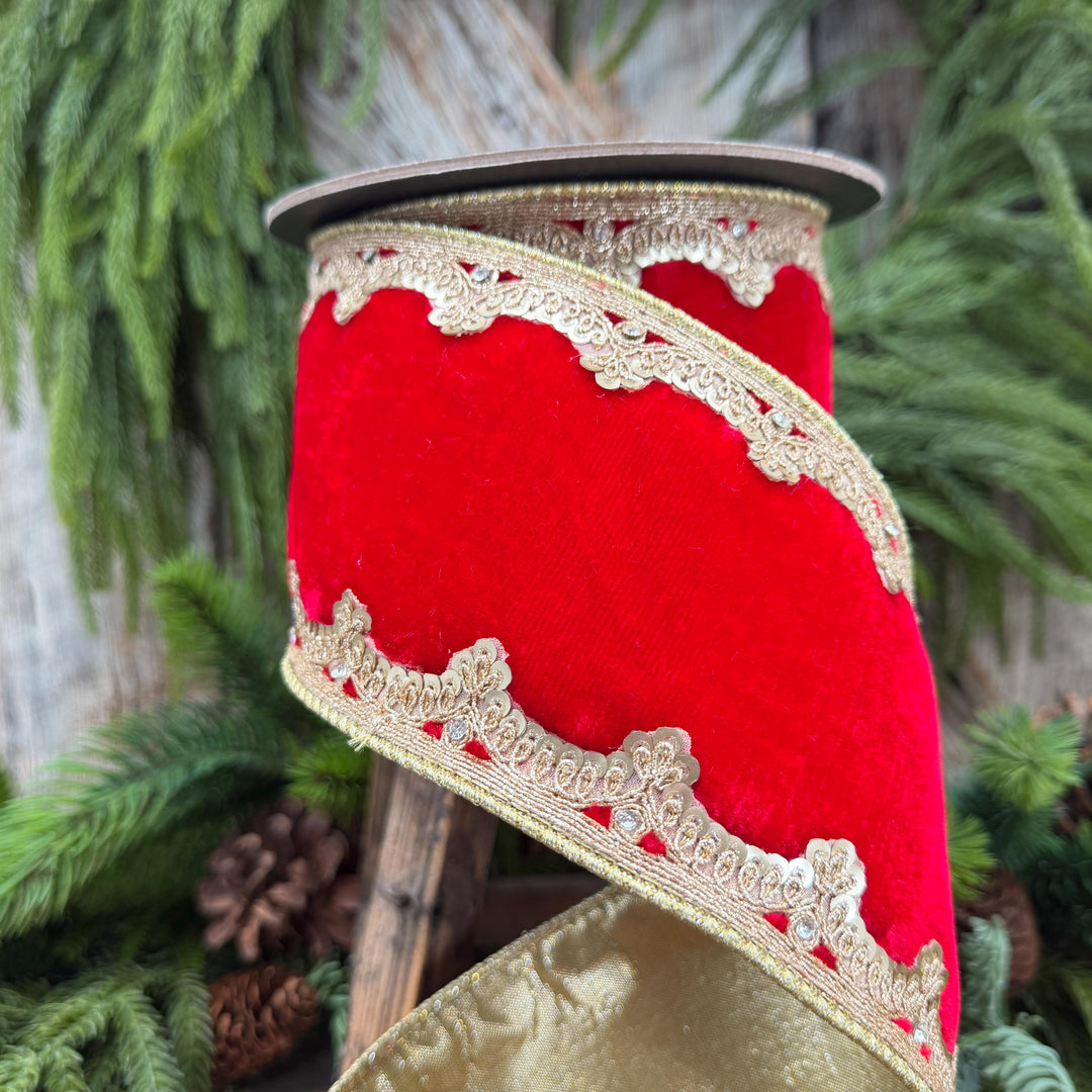 4" Red and Gold Velvet Ribbon, Christmas Ribbon