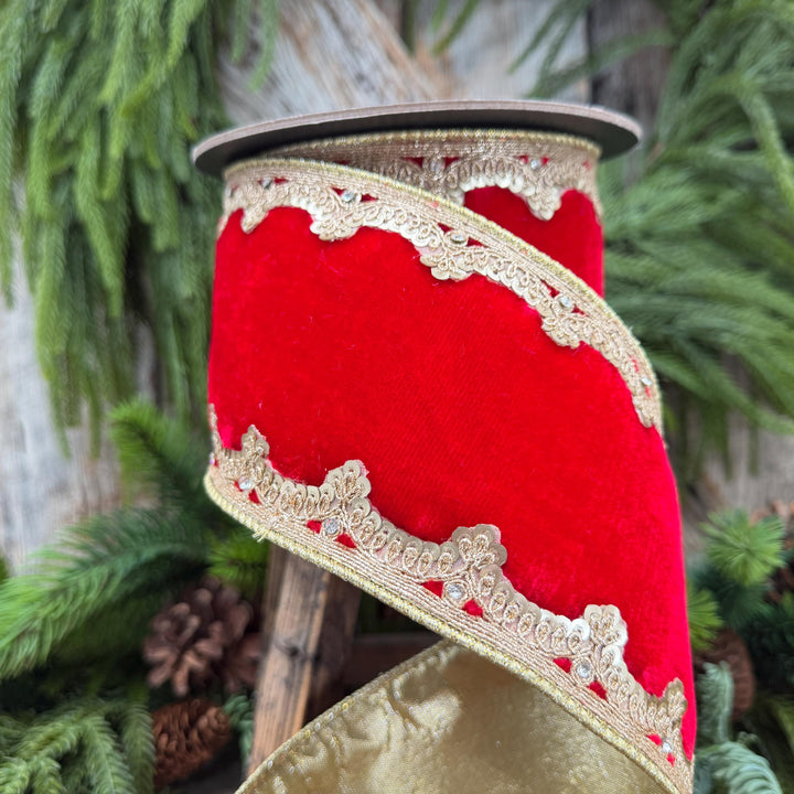4" Red and Gold Velvet Ribbon, Christmas Ribbon