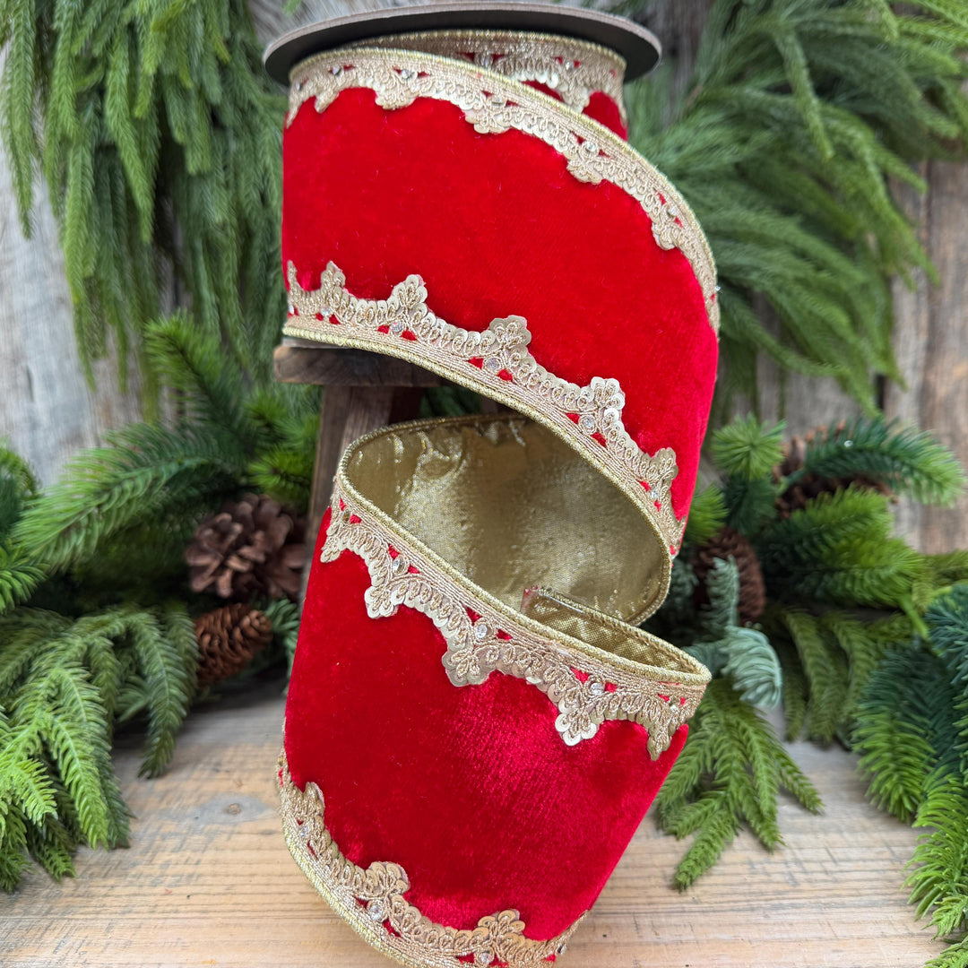 4" Red and Gold Velvet Ribbon, Christmas Ribbon