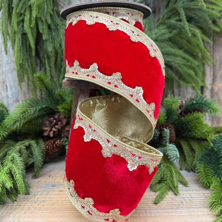 4" Red and Gold Velvet Ribbon, Christmas Ribbon