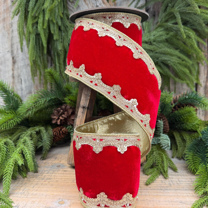 4" Red and Gold Velvet Ribbon, Christmas Ribbon
