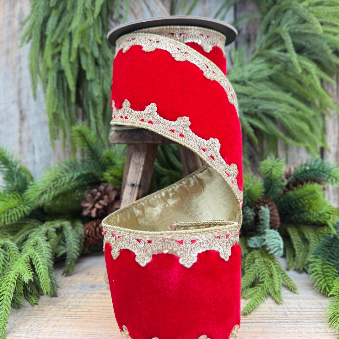 4" Red and Gold Velvet Ribbon, Christmas Ribbon