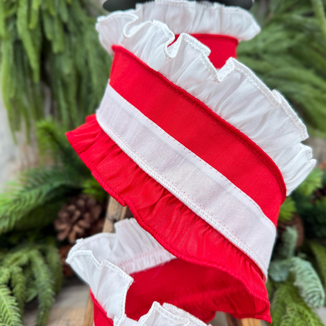4" Red White Ruffle Christmas Ribbon