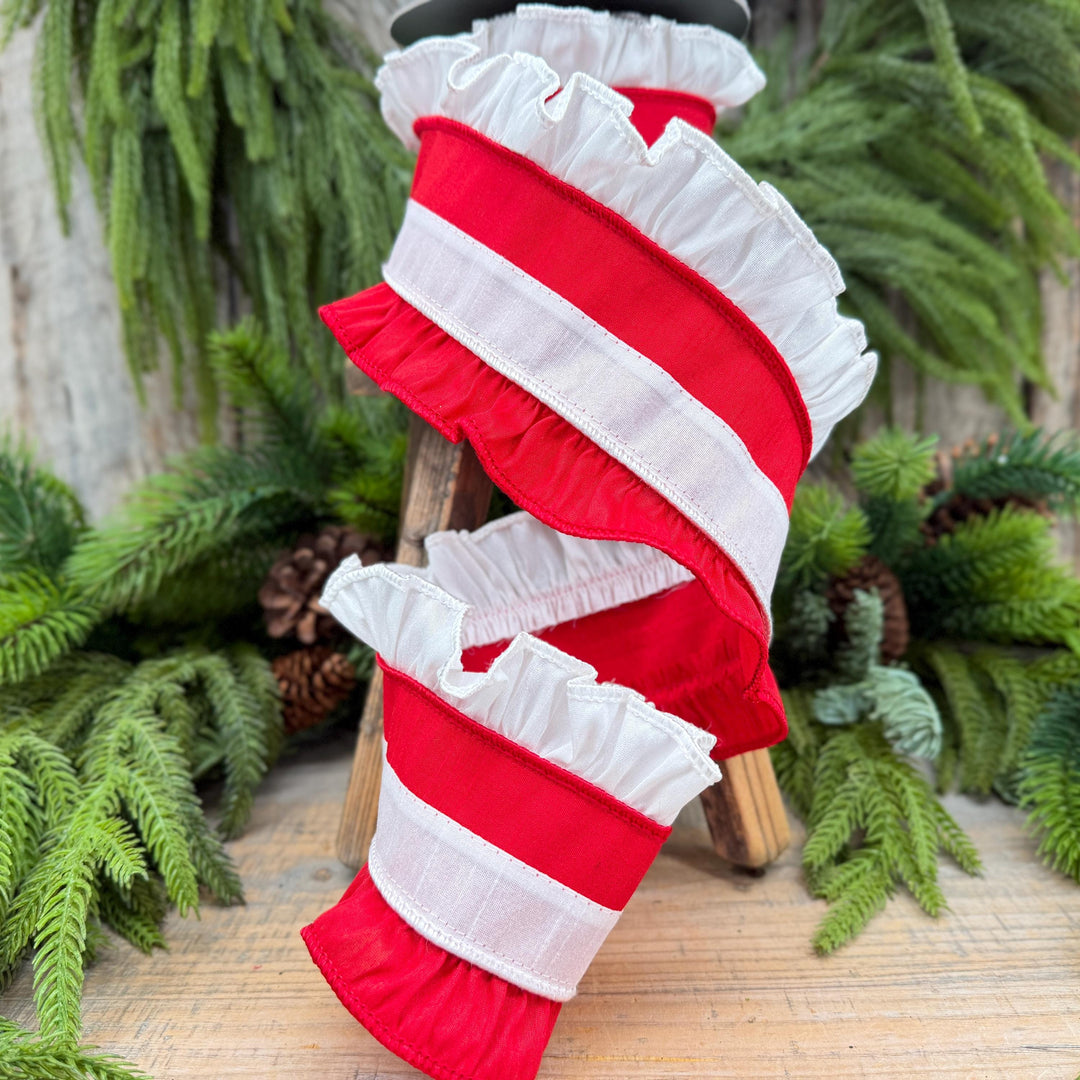 4" Red White Ruffle Christmas Ribbon