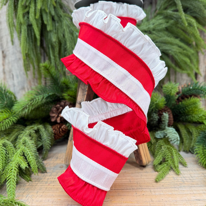 4" Red White Ruffle Christmas Ribbon