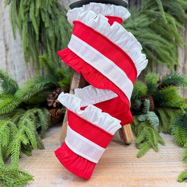 4" Red White Ruffle Christmas Ribbon
