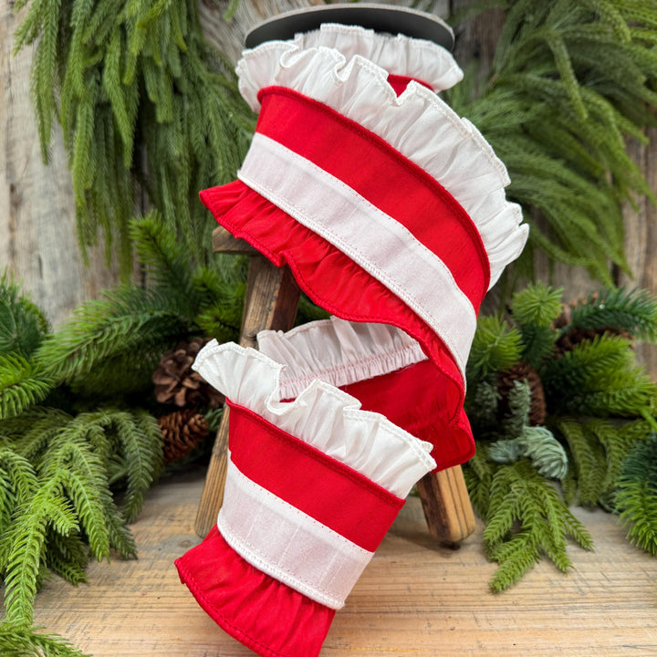 4" Red White Ruffle Christmas Ribbon