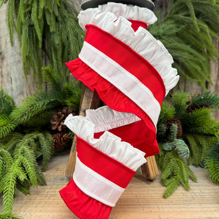 4" Red White Ruffle Christmas Ribbon