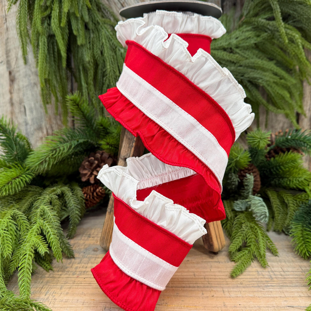 4" Red White Ruffle Christmas Ribbon