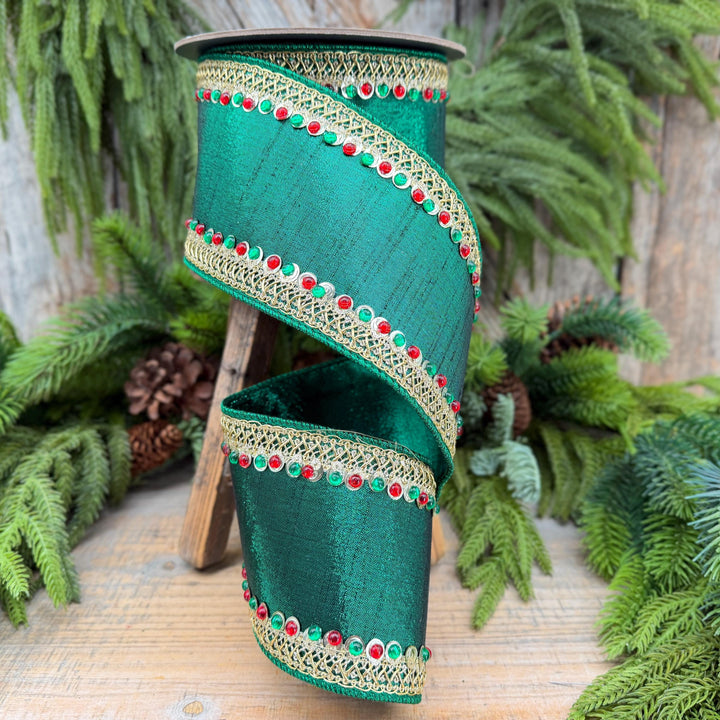 4" Emerald Green Jeweled Christmas Ribbon
