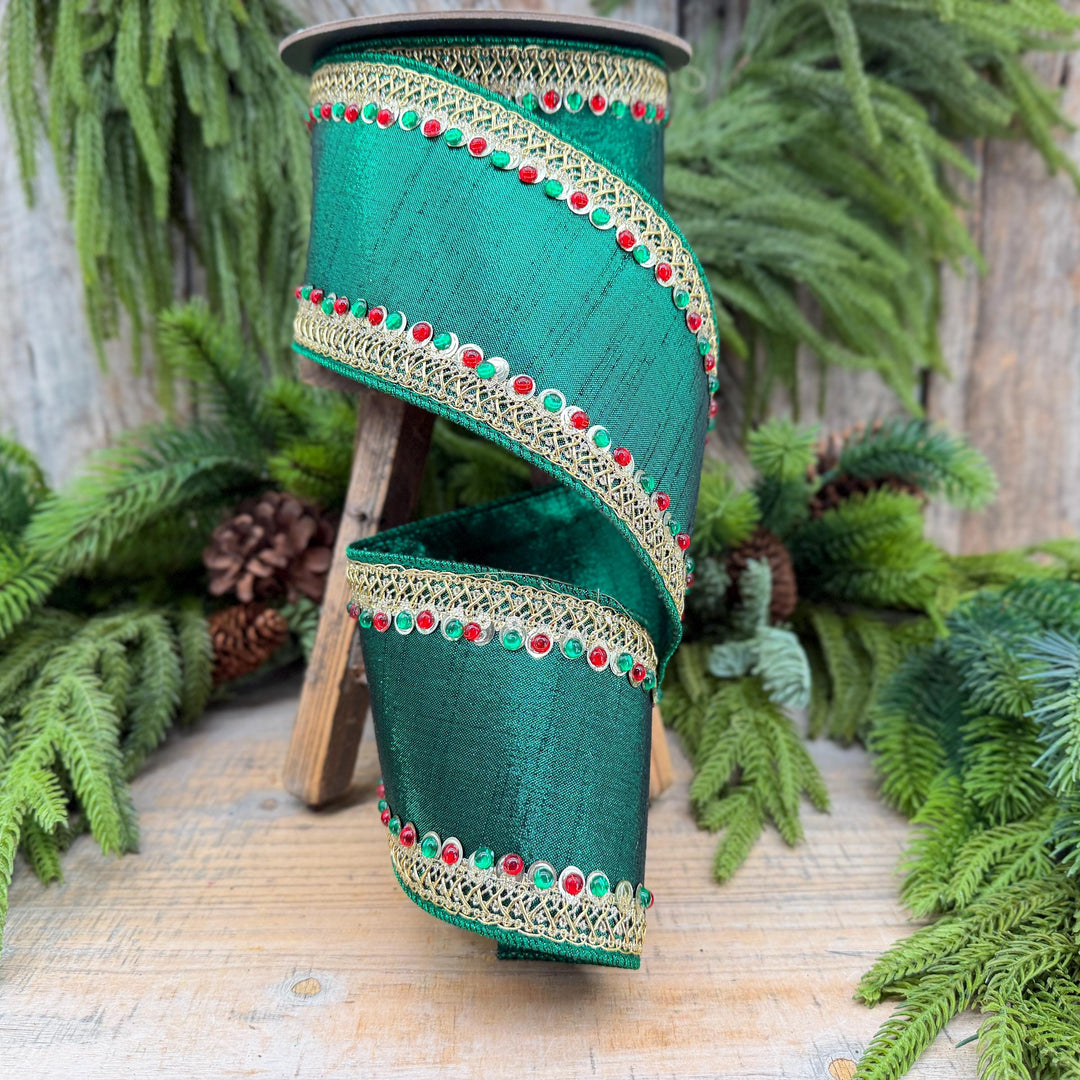 4" Emerald Green Jeweled Christmas Ribbon