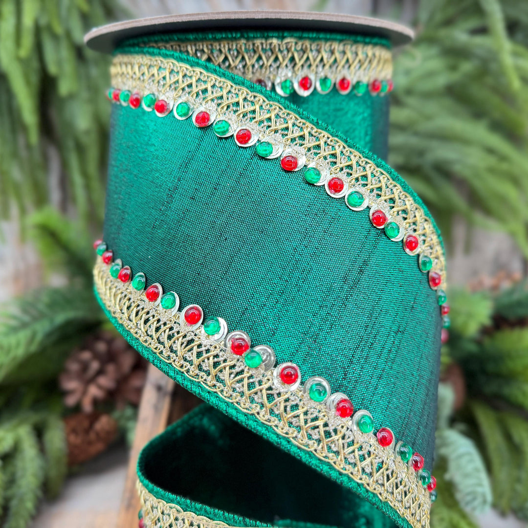 4" Emerald Green Jeweled Christmas Ribbon