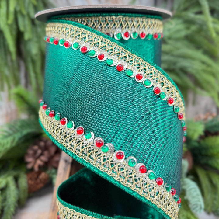 4" Emerald Green Jeweled Christmas Ribbon