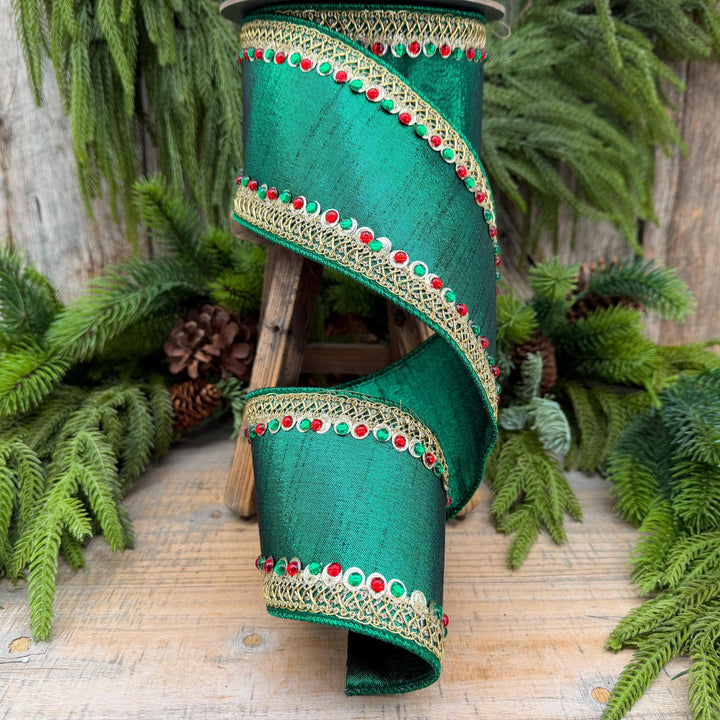 4" Emerald Green Jeweled Christmas Ribbon