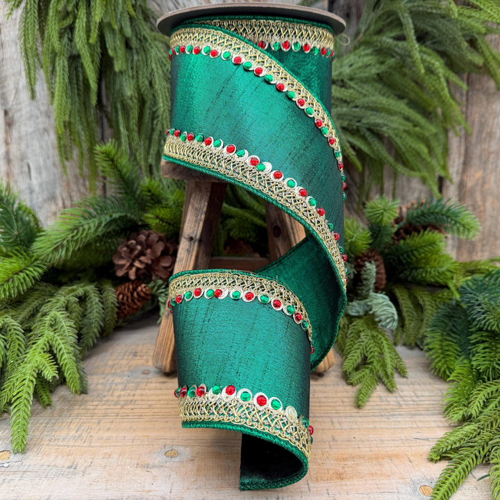 4" Emerald Green Jeweled Christmas Ribbon