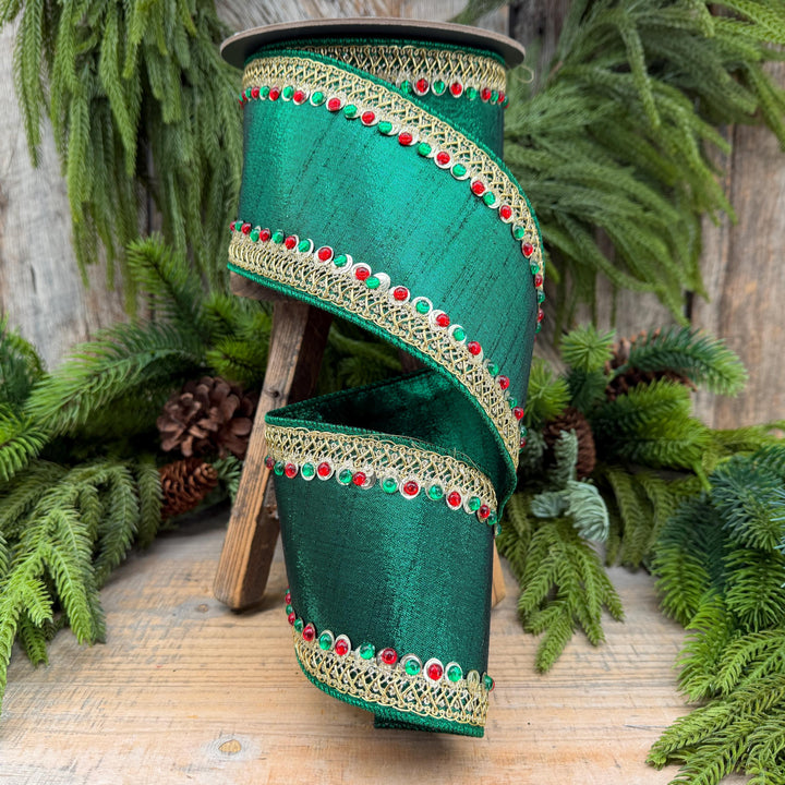 4" Emerald Green Jeweled Christmas Ribbon