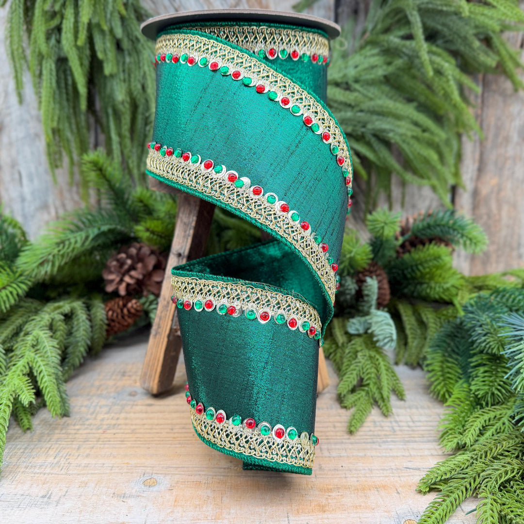 4" Emerald Green Jeweled Christmas Ribbon