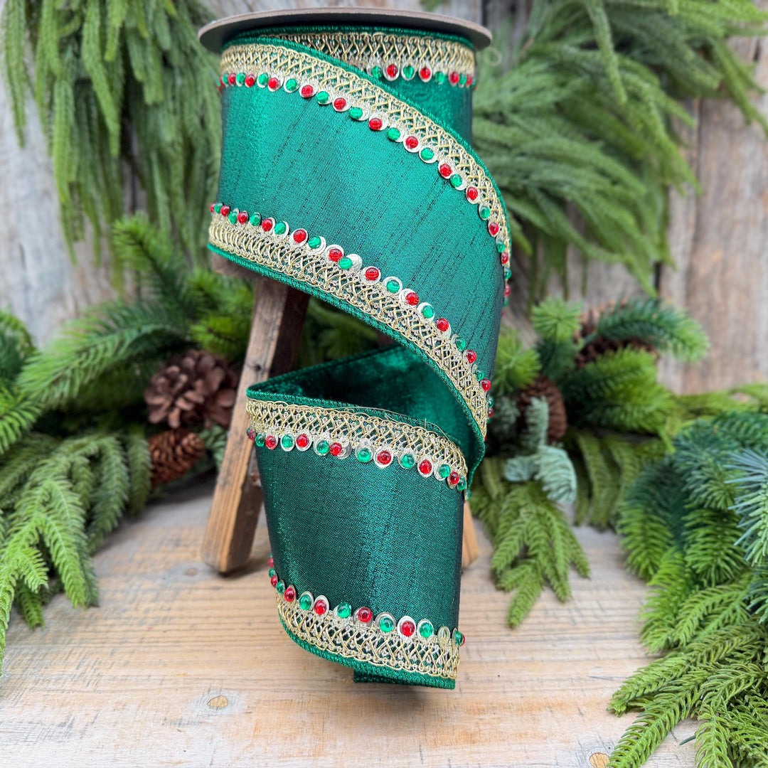 4" Emerald Green Jeweled Christmas Ribbon