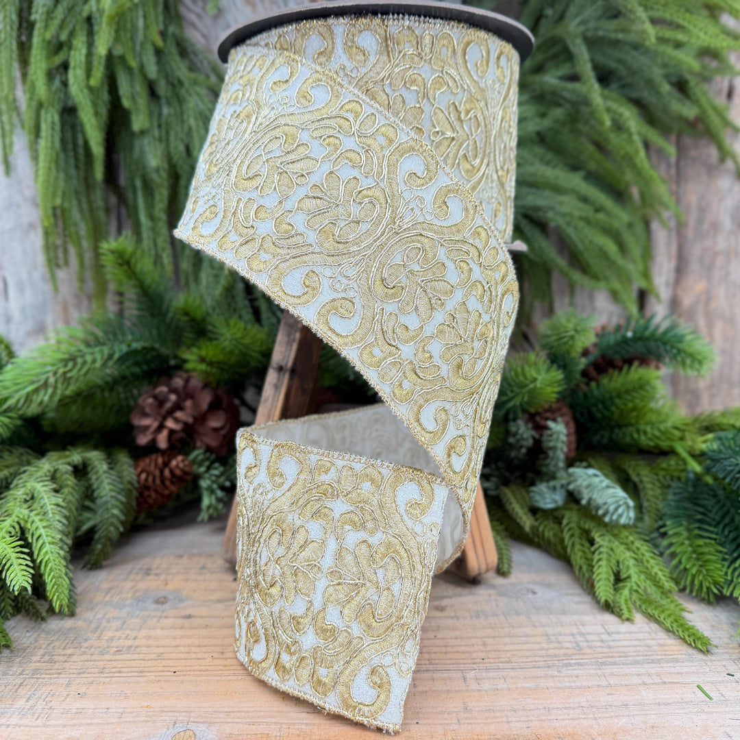 4" Ivory Gold Elegant Christmas Ribbon, 10 Yards