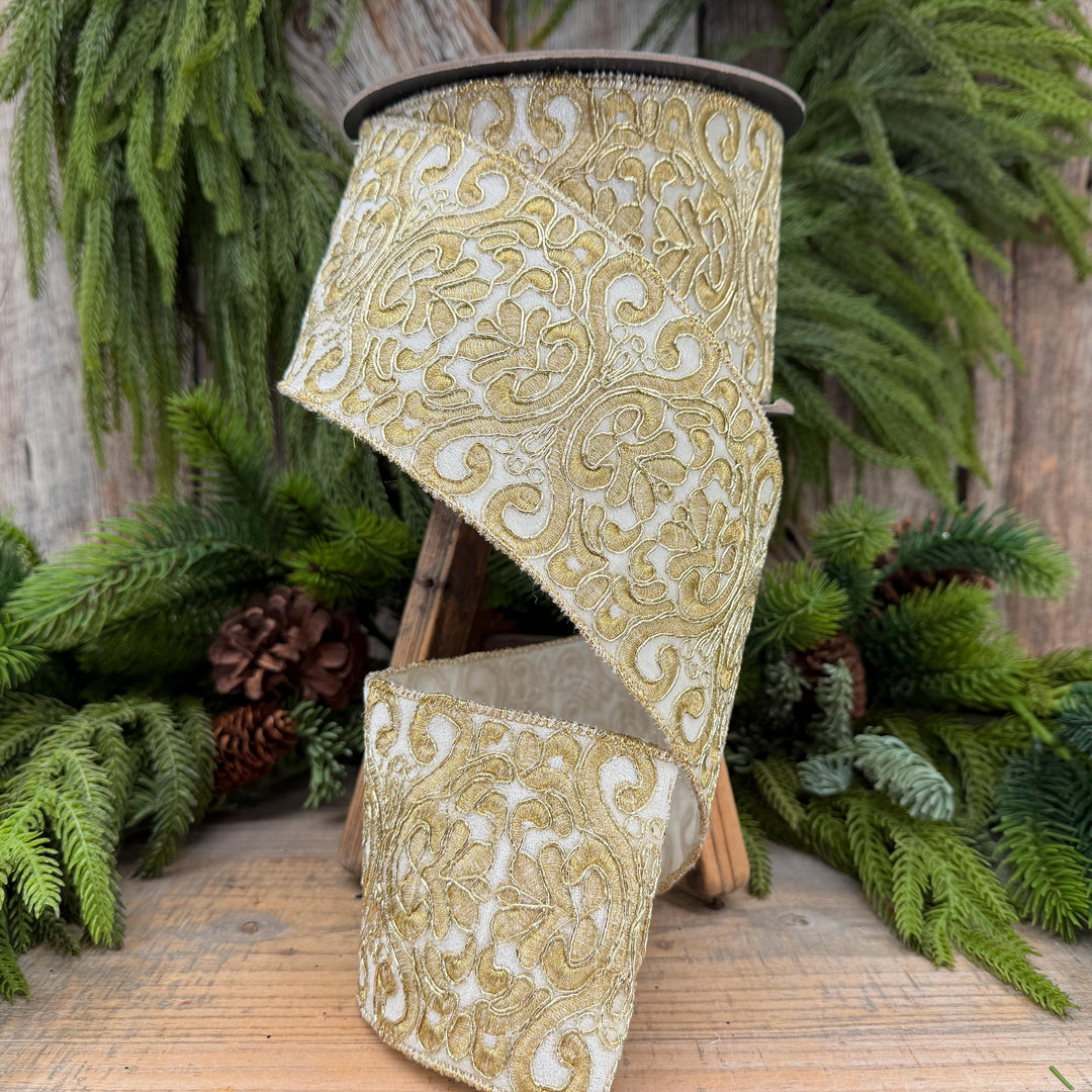 4" Ivory Gold Elegant Christmas Ribbon, 10 Yards